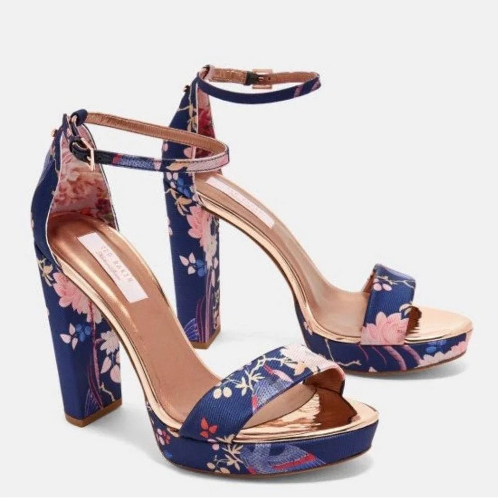 TED BAKER Navy Chinoiserie Junaaa Jacquard Platform Sandals - Sz 38 / 7.5 - Picture 1 of 16